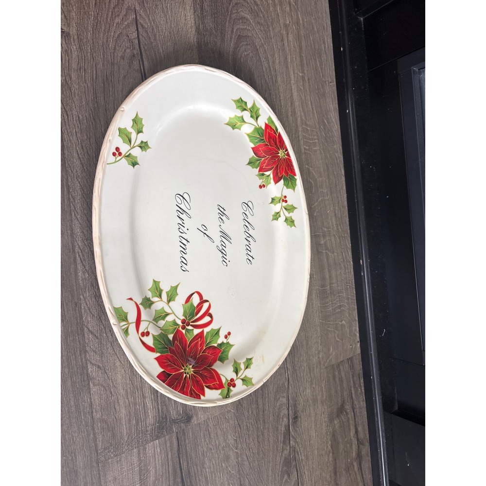Atico International Vintage Christmas Poinsettia Oval Ceramic Serving Platter - Picture 2 of 6